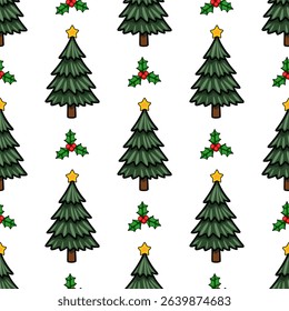 Seamless vector pattern of stylized Christmas trees with golden stars and holly berries, creating a cheerful festive design perfect for winter holidays.