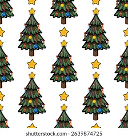 Seamless vector pattern of stylized Christmas trees adorned with colorful ornaments, candy canes, and stars, creating a festive and joyful winter holiday design.