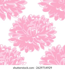 Seamless vector pattern of stylized chrysanthemum flowers with abstract shapes and soft pastel color palette, ideal for feminine designs and spring themes.