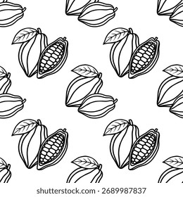 Seamless vector pattern of stylized cocoa pods with leaves on a white background, featuring a clean line art design.