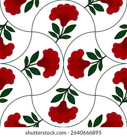 Seamless vector pattern with stylized cresta de gallo red flowers and green leaves arranged in a curved, repeating design on a white background, creating an elegant and sophisticated floral texture.