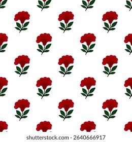 Seamless vector pattern of stylized crimson celosia flowers with dark green leaves on a white background, ideal for textile prints or wallpapers.