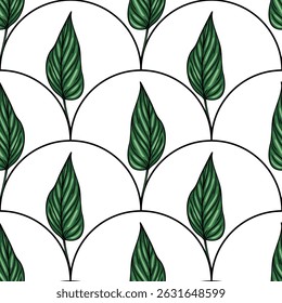 Seamless vector pattern of stylized dark green leaves arranged in a unique arc-shaped composition on a white background, creating a modern and elegant botanical design.