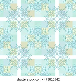 A seamless vector pattern with stylized decorative leaf shapes in teal tones