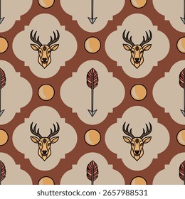 Seamless vector pattern with stylized deer heads, arrows, and circles in earthy tones, creating a mystical and geometric design perfect for textile, wallpaper, or branding.