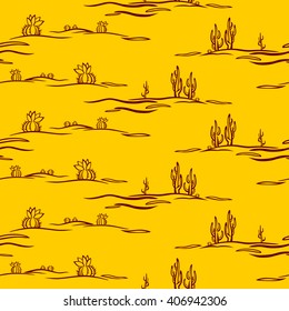 A seamless vector pattern with the stylized desert with two types of cactus.