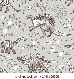 Seamless vector pattern of stylized dinosaurs.
