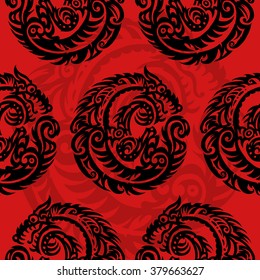 Seamless vector pattern with stylized figure of a wolf amulet.  hand-drawn pattern, 
Background can be used for wallpaper, pattern fills, web page background,surface textures. black on red