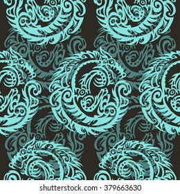 Seamless vector pattern with stylized figure of a wolf amulet.  hand-drawn pattern, 
Background can be used for wallpaper, pattern fills, web page background,surface textures. blue on black