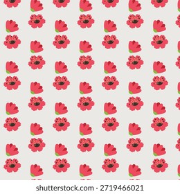 Nahtloses Vektormuster mit stilisierten Blumen in mehreren Farben (orange, gelb, blau, rot) auf weißem Hintergrund. Ditsy Blumendesign ideal für Stoff, Textilien, Tapeten und digitale Druckanwendungen.
