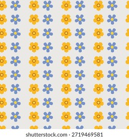 Seamless vector pattern with stylized flowers in multi-colors (orange, yellow, blue, red) on a white background. Ditsy floral design ideal for fabric, textiles, wallpaper, and digital print applications.
