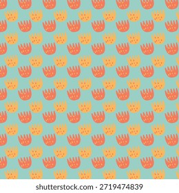 Padrão de vetor sem emenda com flores estilizadas em várias cores (laranja, amarelo, azul, vermelho) em um fundo branco. Design floral Ditsy ideal para aplicações de tecido, têxteis, papel de parede e impressão digital.
