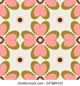 Seamless vector pattern with stylized flowers and hearts. Retro colors.