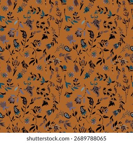 Seamless vector pattern of stylized folk flowers in blue, ochre, and black on a warm burnt background. Great for bohemian fabric and wallpaper.