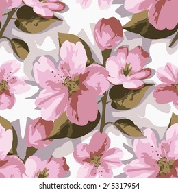 Seamless vector pattern with stylized fresh apple blossom flowers