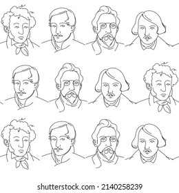 Seamless Vector pattern. Stylized funny Portraits of Russian Writers. Alexander Pushkin, Nikolai Gogol, Anton Chekhov, Mikhail Lermontov.