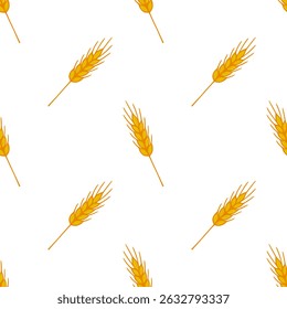 Seamless vector pattern of stylized golden wheat ears on white background, ideal for autumn harvest design projects.