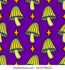 Seamless vector pattern of stylized green mushrooms and yellow stars on a purple background, creating a whimsical and magical autumnal design perfect for Halloween or fall-themed projects.