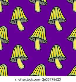 Seamless vector pattern of stylized green and yellow mushrooms on a vibrant purple background, creating a whimsical and slightly psychedelic design ideal for Halloween or autumnal themes.