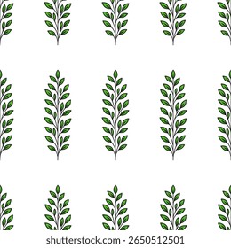 Seamless vector pattern of stylized green leaves arranged vertically, creating a minimalist and elegant botanical design perfect for various applications.