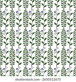Seamless vector pattern of stylized green leaves and small purple flowers arranged in vertical stripes on a white background, creating a delicate and elegant design.