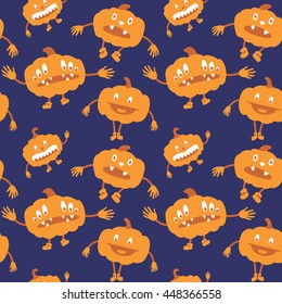 A seamless vector pattern with stylized Halloween pumpkins on dark blue background.