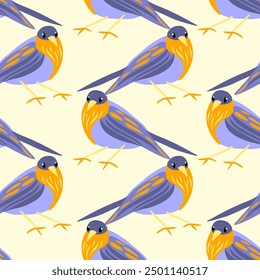 Seamless vector pattern in a stylized hand drawn style featuring cute birds. Bright colors. The ornament is designed for children's textiles, clothing, bags, backpacks, and merchandise items.