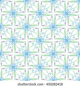 Seamless vector pattern with stylized hand drawn cornflower blossoms, leaves, buds, stems. Geometric floral ornament. Elements arranged in squares with flower heads in vertices. Pastel colors on white