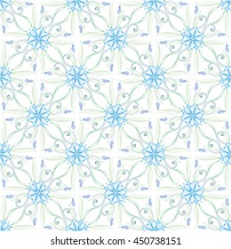 Seamless vector pattern with stylized hand drawn cornflower blossoms, leaves, buds, stems. Geometric floral ornament. Elements arranged in squares with flower heads in vertices. Pastel colors on white