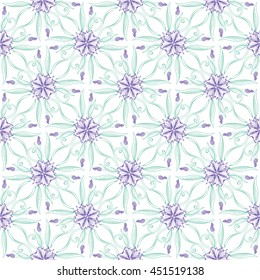 Seamless vector pattern with stylized hand drawn cornflower blossoms, leaves, buds, stems. Geometric floral ornament. Elements arranged in squares with flower heads in vertices. Pastel colors on white