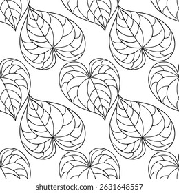 Seamless vector pattern of stylized heart-shaped leaves with intricate line art details, creating a sophisticated monochrome design ideal for textile prints, wallpapers, and various design projects.