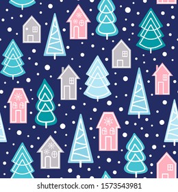 Seamless vector pattern with stylized houses, snow  and trees.