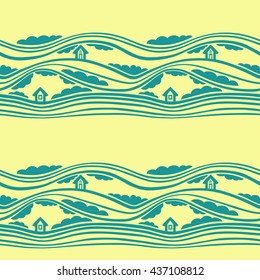 A seamless vector pattern with stylized houses, clouds, and waves.