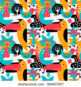 Seamless vector pattern. The stylized images of birds and plants. Toucan, palm. Modern design for textiles, paper, wallpaper, web, interior fabrics, curtains, upholstery.