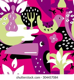 Seamless vector pattern. The stylized images of birds and plants. Toucan, palm. Modern design for textiles, paper, wallpaper, web, interior fabrics, curtains, upholstery.