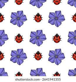 Seamless vector pattern of stylized ladybugs and periwinkle flowers in a vivid red and purple color scheme, perfect for spring and summer designs.