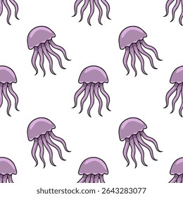 Seamless vector pattern of stylized lavender jellyfish on white background, ideal for textile prints, wallpapers, or website designs.
