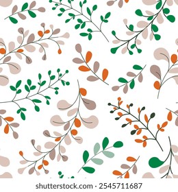 Seamless vector pattern of stylized leafy branches in Scandinavian style, isolated on white, suitable for nature-inspired projects.