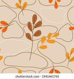 Seamless vector pattern. Stylized leaves, twigs and natural stones in autumn color scheme. Suitable for filling background, fabric pattern, print, gift paper, wallpaper.