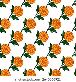 Seamless vector pattern of stylized marigold flowers with dark green leaves on a white background, creating a vibrant and festive design ideal for textile prints, wallpapers, or packaging.