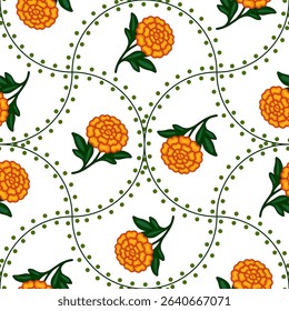 Seamless vector pattern with stylized marigold flowers and dotted green lines, creating a vibrant and cheerful design perfect for textile prints or festive backgrounds.