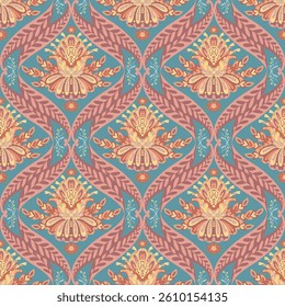 Seamless vector pattern with stylized medallion-shaped floral motifs and wavy structure. Elegant vintage design for fabric, wallpaper, and packaging.
