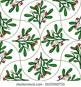 Seamless vector pattern of stylized mistletoe branches with red and pink berries, arranged in a repeating geometric design with curved lines on a white background.