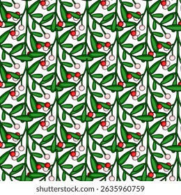 Seamless vector pattern of stylized mistletoe branches with red and pink berries on a white background, perfect for Christmas holiday designs.