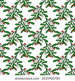 Seamless vector pattern of stylized mistletoe branches with red and pink berries on a white background, perfect for festive Christmas designs.