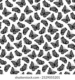 Seamless vector pattern of stylized monarch butterflies with floral patterns on wings, featuring black silhouettes on a white background. Perfect for minimalistic designs and nature-inspired decor