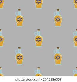 Padrão de vetor contínuo de decantadores de óleo estilizados com Estrela de David, perfeito para o design de celebração do Chanucá, apresentando um fundo cinza silenciado e óleo amarelo-dourado vibrante.