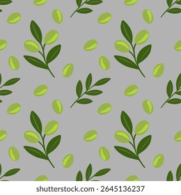 Seamless vector pattern of stylized olive branches and olives on a grey background, perfect for textile design or wrapping paper.
