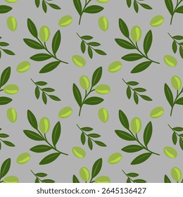 Seamless vector pattern of stylized olive branches and olives on a grey background, featuring a unique blend of dark and light green hues for a fresh and natural design.