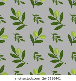 Padrão vetorial contínuo de ramos de azeitona estilizados com azeitonas verdes claras e folhas verdes escuras sobre um fundo cinza, criando um design fresco e natural.